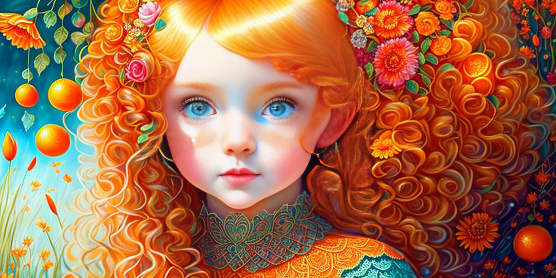 Vibrant illustration: girl with blue eyes, orange curly hair, colorful flowers