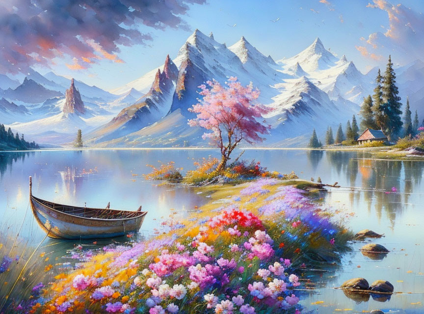 Tranquil landscape painting: calm lake, boat, flowers, cabin, snow-capped mountains