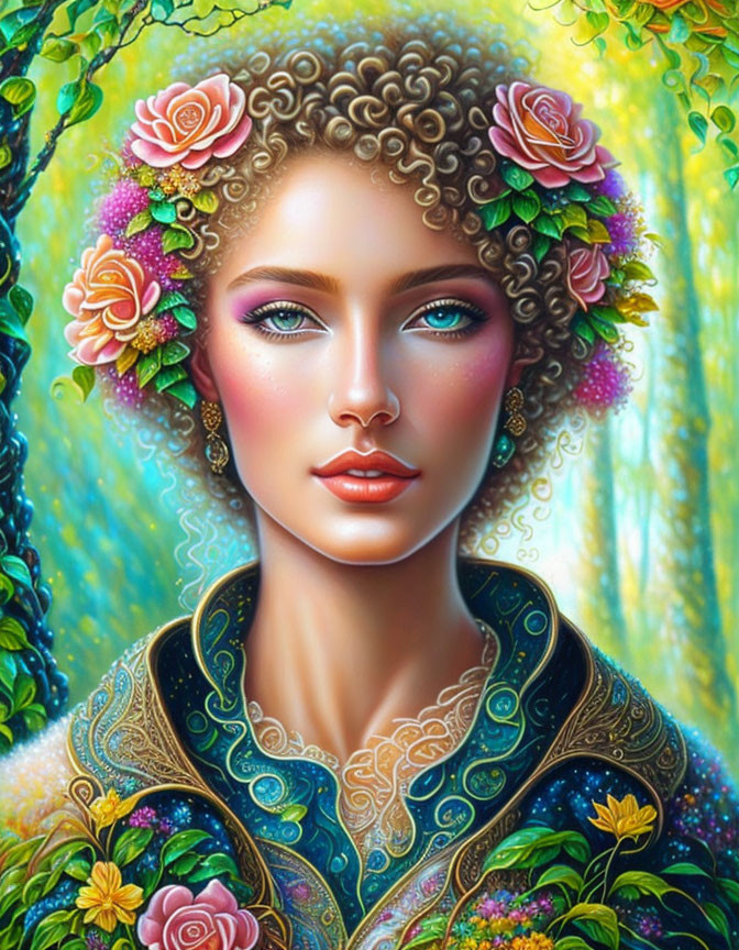 Surreal portrait of woman with floral hair and vibrant eyes