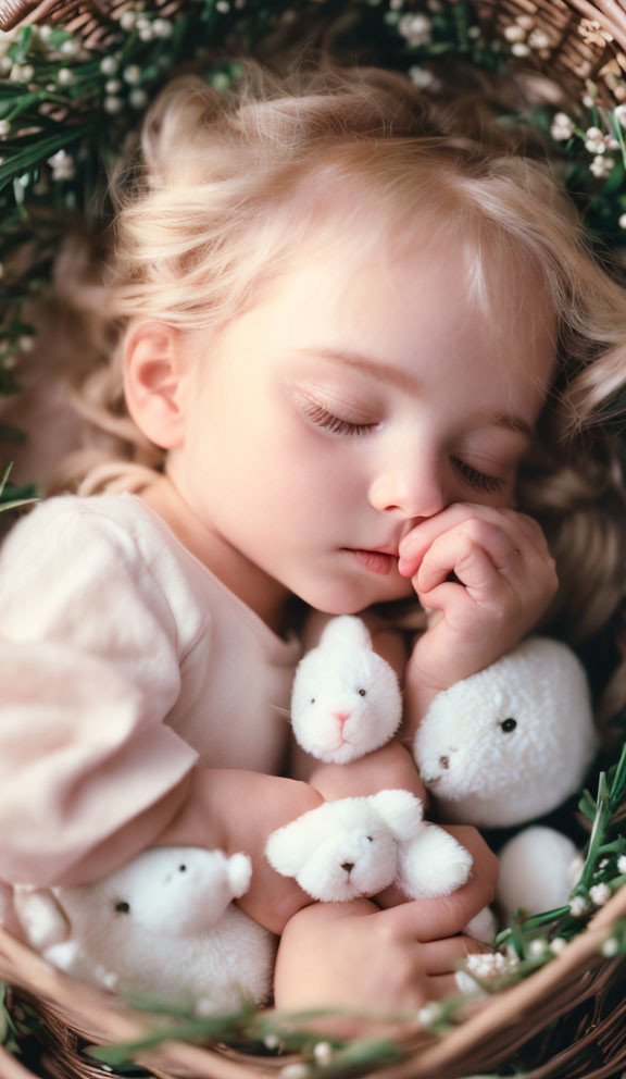 Curly-Haired Child Sleeping with Stuffed Bunnies in Basket