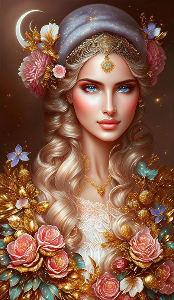 Fantasy woman with gold floral hair adornments and crescent moon tiara