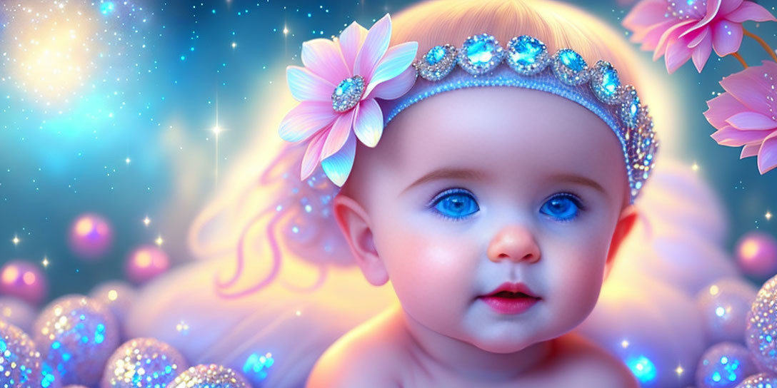 Infant portrait with blue eyes, jeweled headband, and flowers on celestial backdrop.