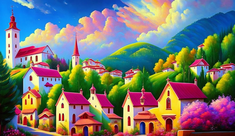 Colorful village painting: church steeple, green hills, pink clouds