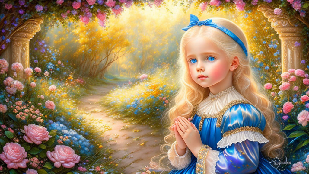 Digital artwork: Young girl with blonde hair in blue dress in magical garden.