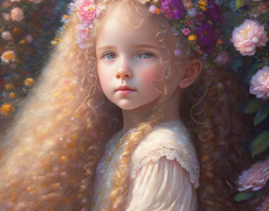 Curly-Haired Child with Flowers in Pink Rose Background