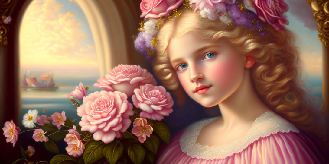 Portrait of young girl with blond hair and blue eyes in pink dress and flower crown with roses and sailing