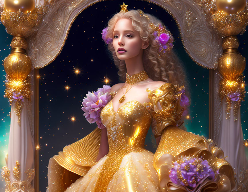 Woman in golden ball gown with purple flowers and starry embellishments.