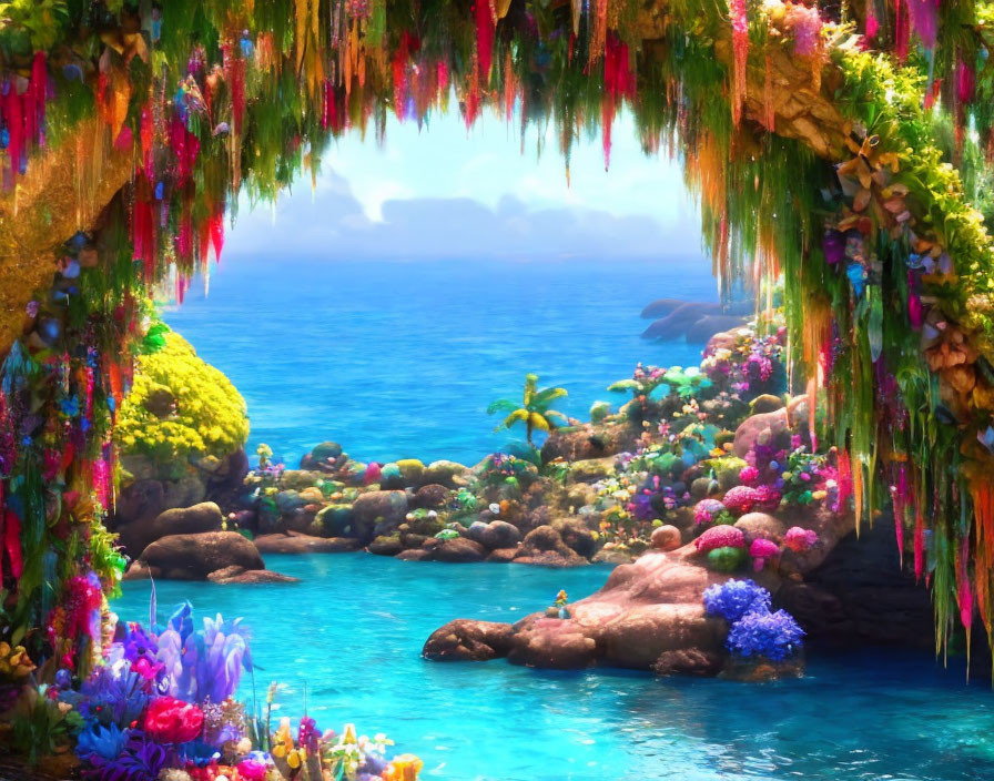 Lush Hidden Lagoon with Colorful Flora and Crystal Clear Water