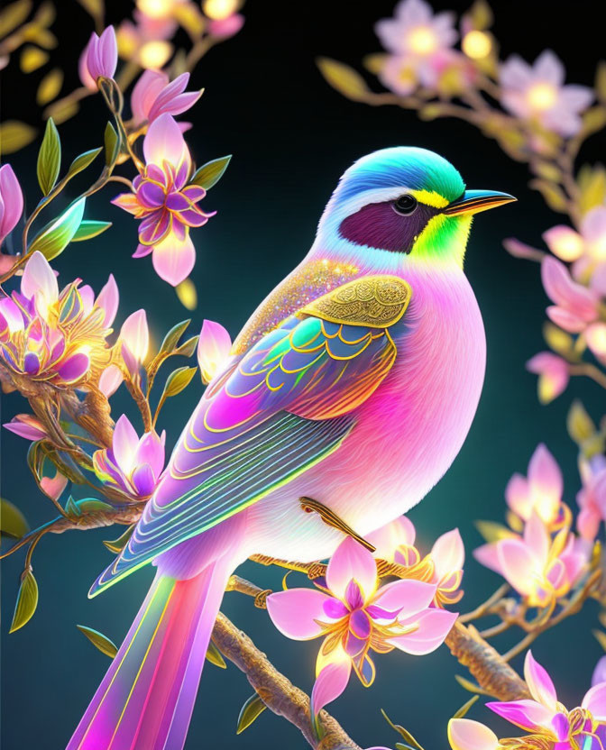 Colorful Bird Perched on Branch with Pink Blossoms on Dark Background