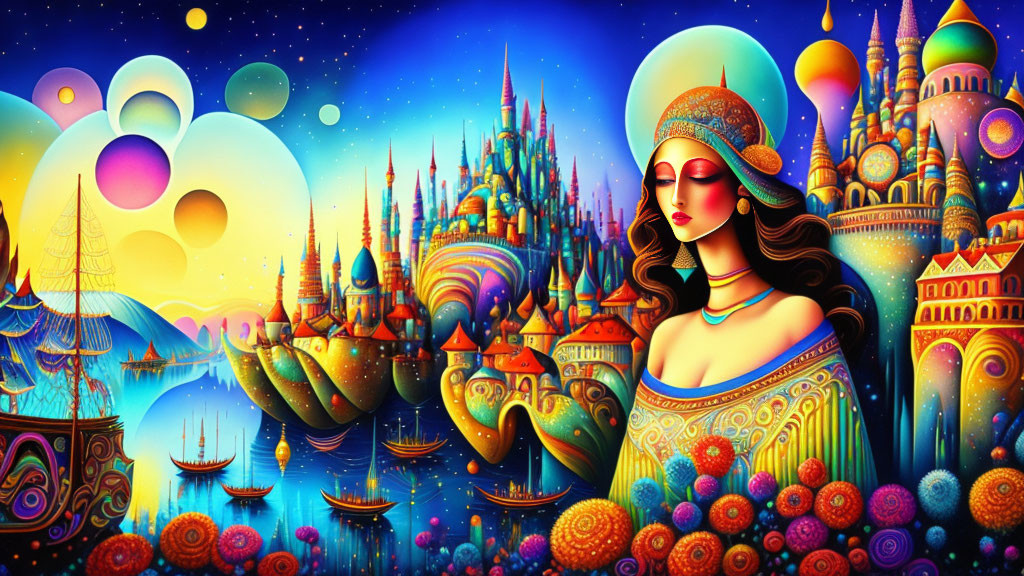 Fantasy landscape with colorful buildings, woman in ornate attire, and whimsical sky