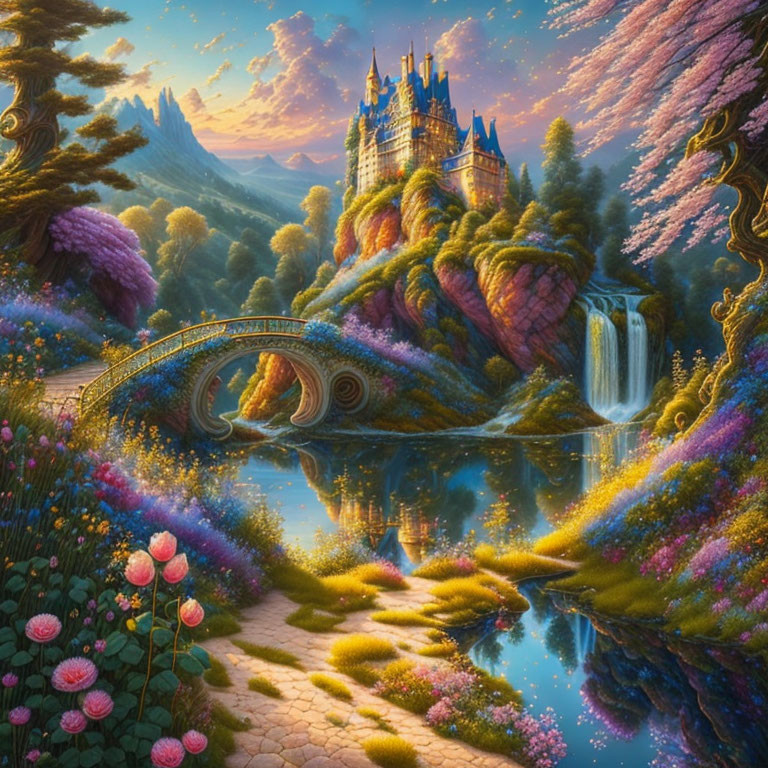 Colorful fantasy landscape with castle, gardens, waterfall, bridge, river, and sunset sky