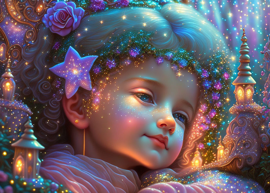 Child's digital portrait with starry hair, vibrant flowers, and magical towers