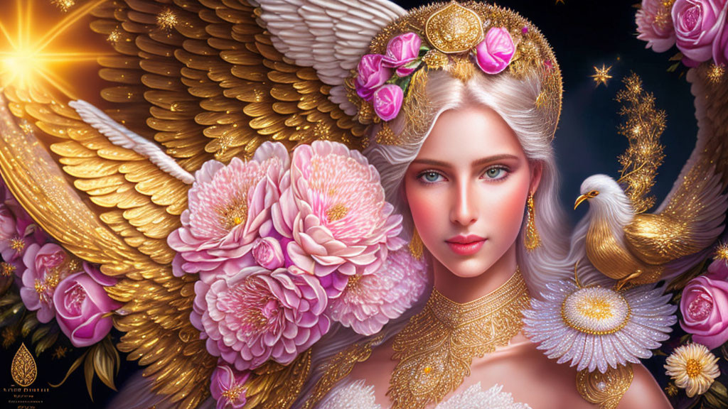 Digital Artwork: Woman with Angelic Wings, White Bird, Gold Jewelry, Pink Flowers