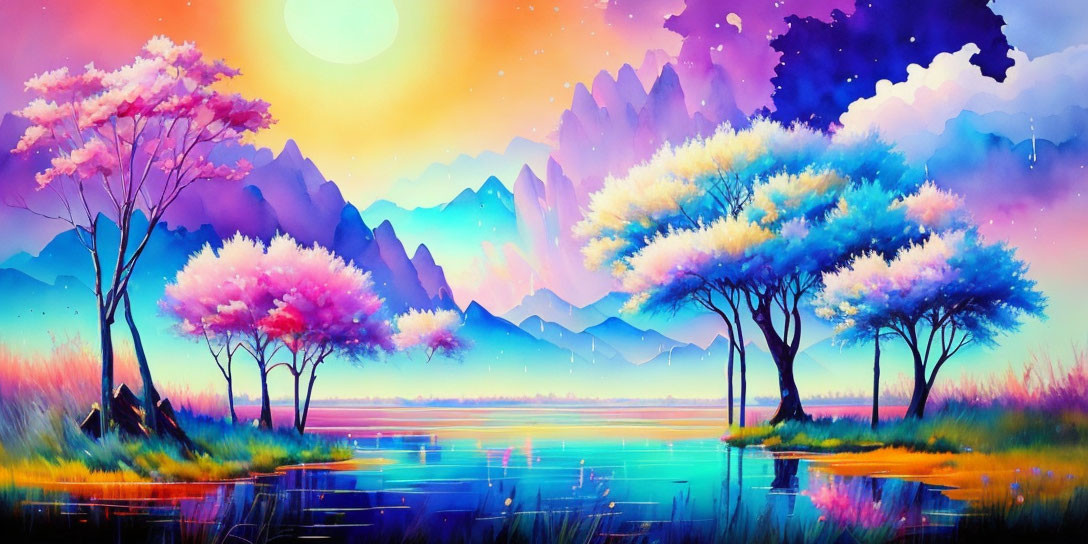 Colorful landscape painting: whimsical trees, pink and blue foliage, luminous sun, tranquil lake