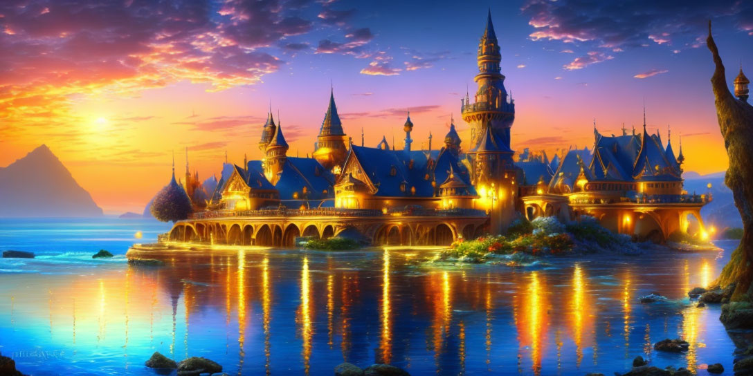 Fantastical castle with spires in sunset sky over serene water