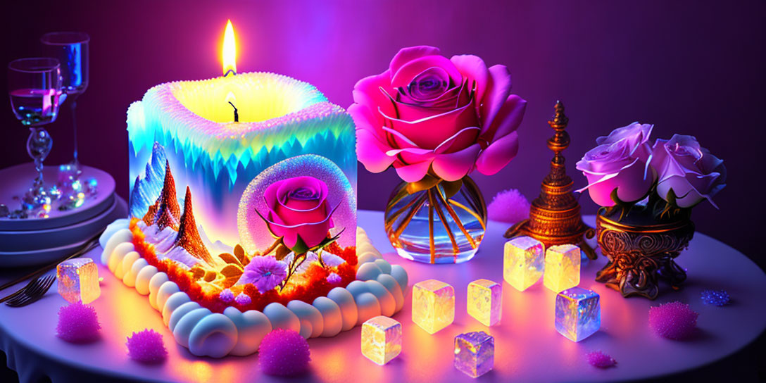 Candle, roses, crystals, and bottle in purple and blue hues