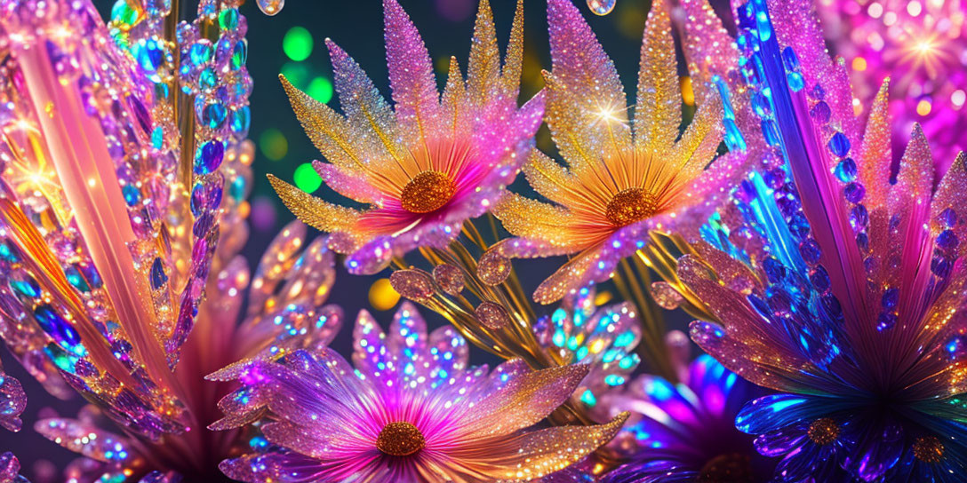 Colorful Digital Art: Sparkling Neon-Lit Fantasy Flowers