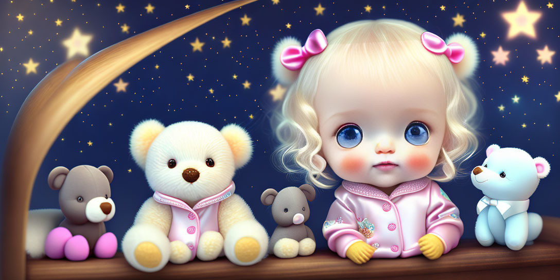 Digital illustration: Doll-like child with blue eyes and blonde hair among teddy bears on starry background