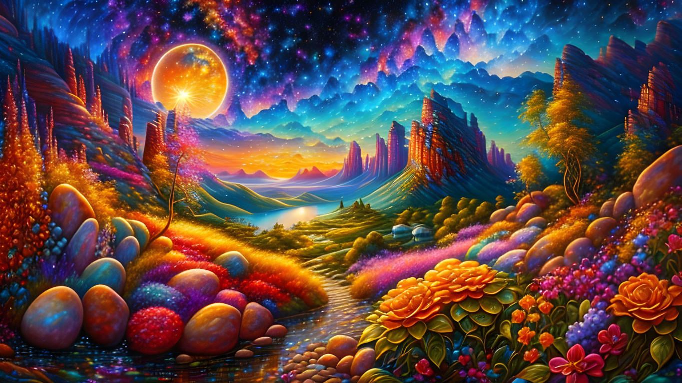 Vibrant fantasy landscape with luminescent flora, river, mountains, and starry sky