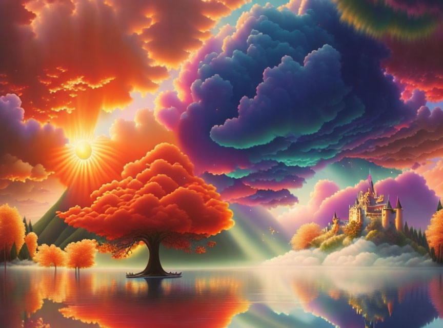 Surreal sunset landscape with orange tree, castle, colorful clouds, and reflective water