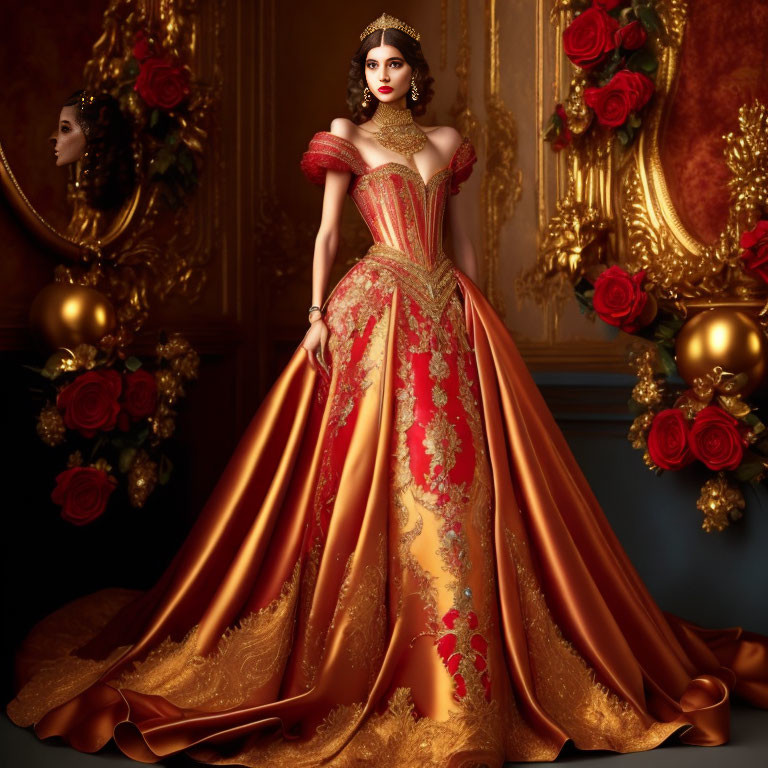 Luxurious golden-red gown with detailed embroidery on elegant woman