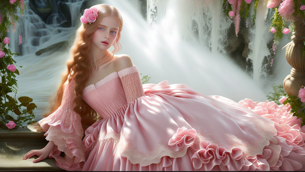 Woman with long wavy hair and rose, in pink ruffled dress by waterfall.