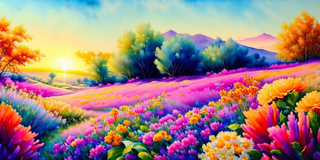 Colorful Flower-Filled Landscape Painting at Sunset