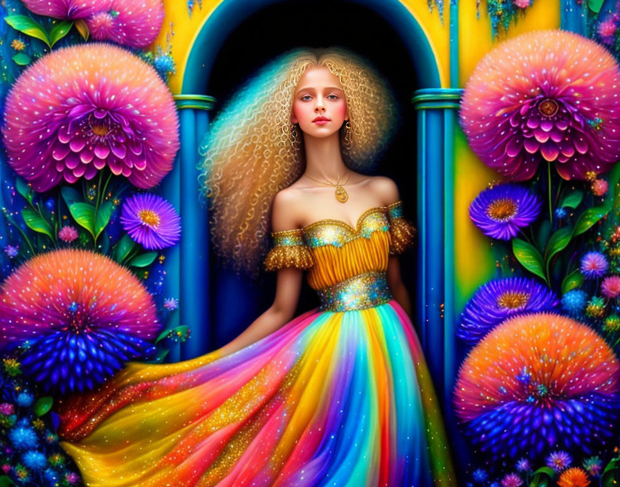 Golden-haired woman in colorful gown with fantasy flowers on blue background