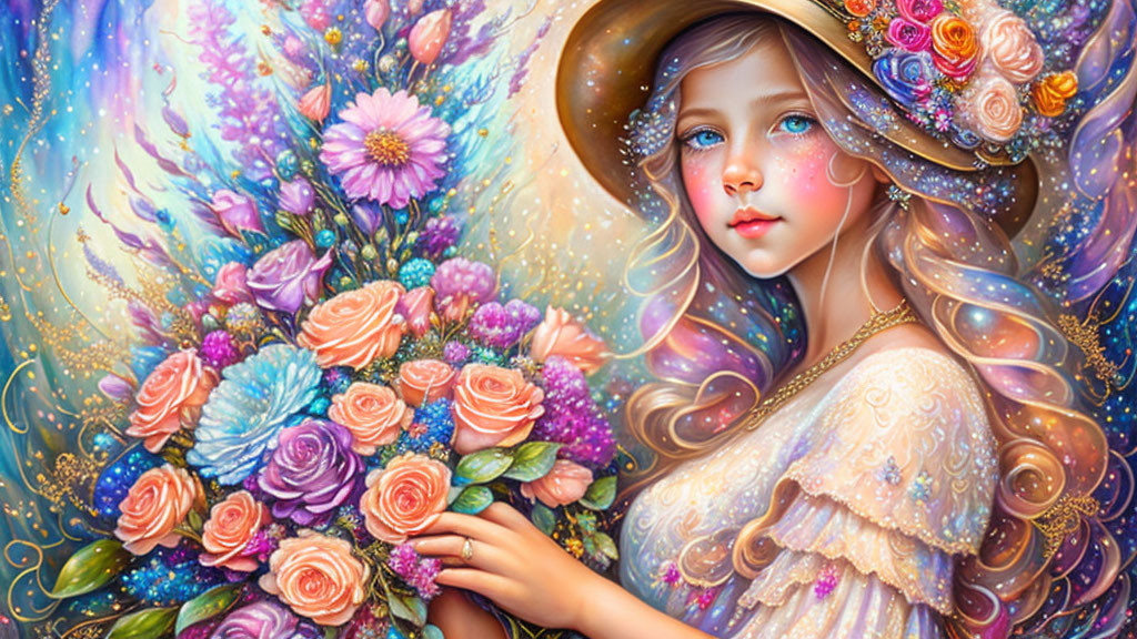 Colorful illustration of girl with floral hat and bouquet in pastel tones