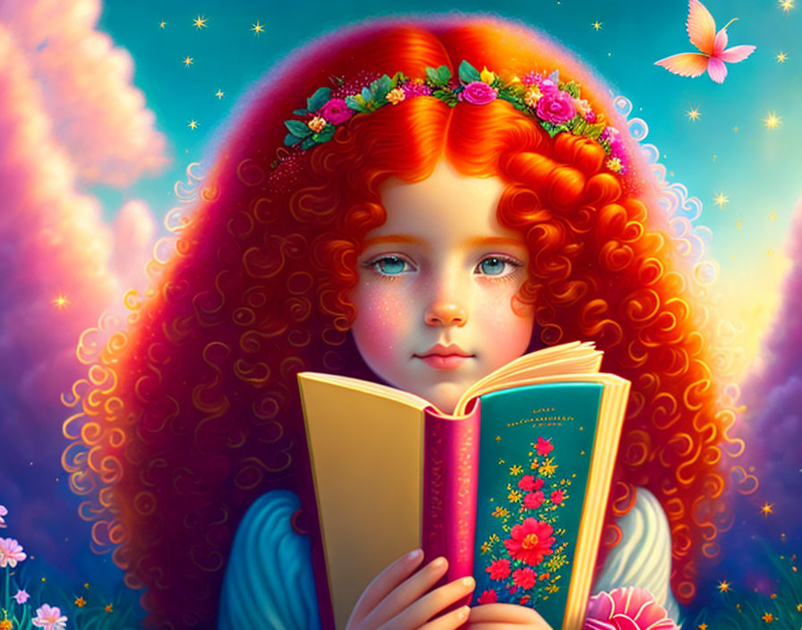 Vibrant red-haired girl with floral headband reading under starry sky