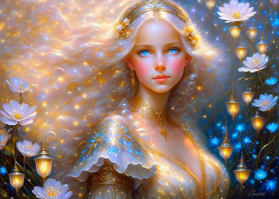 Surreal portrait of woman with blue eyes, golden hair, tiara, blue flowers.