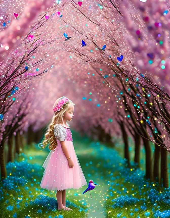 Young girl in pink dress under pink blossoming trees with butterflies and blue-lit ground