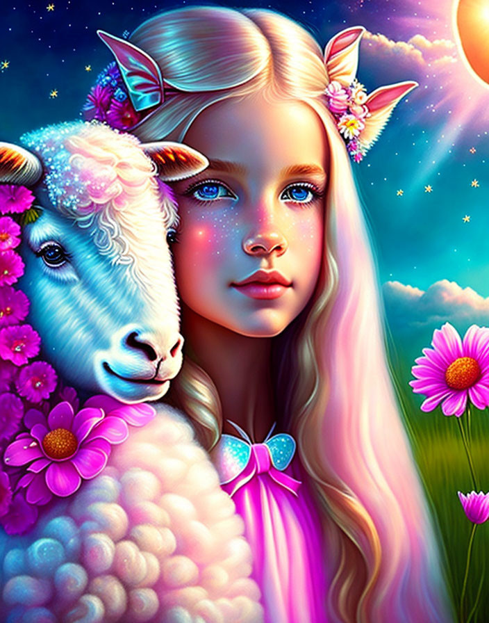 Blonde Girl and Lamb Fantasy Illustration with Flowers in Starlit Sky