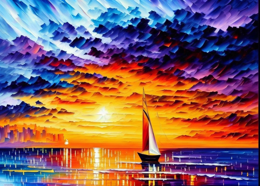 Colorful sailboat painting on calm sea at sunset with city silhouette.