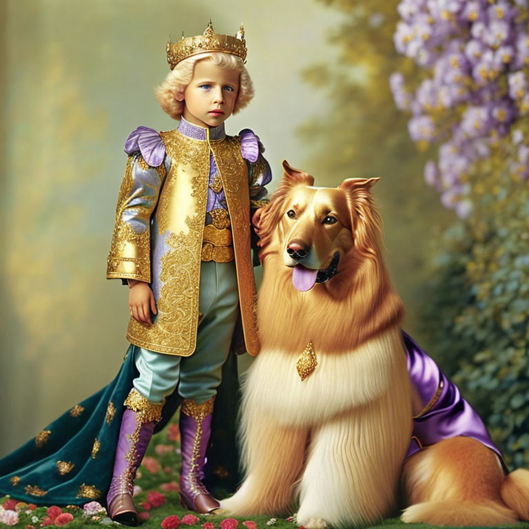 Child in regal costume with crown and golden dog in matching outfit among flowers and greenery