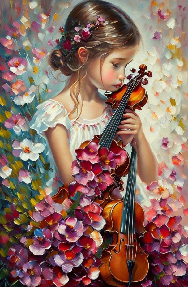 Young girl with flowers in hair holding violin among vibrant blossoms