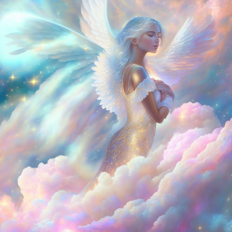 Ethereal angel with white wings and golden attire in celestial setting