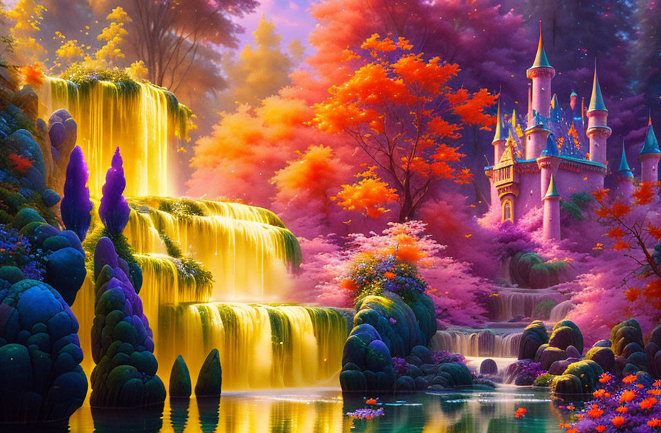 Majestic castle in vibrant fantasy landscape with waterfalls and autumn trees