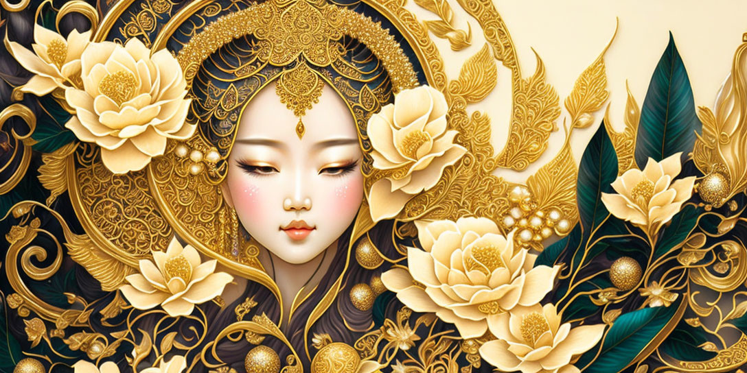 Golden headdress and jewelry in illustrated portrait with lotus flowers