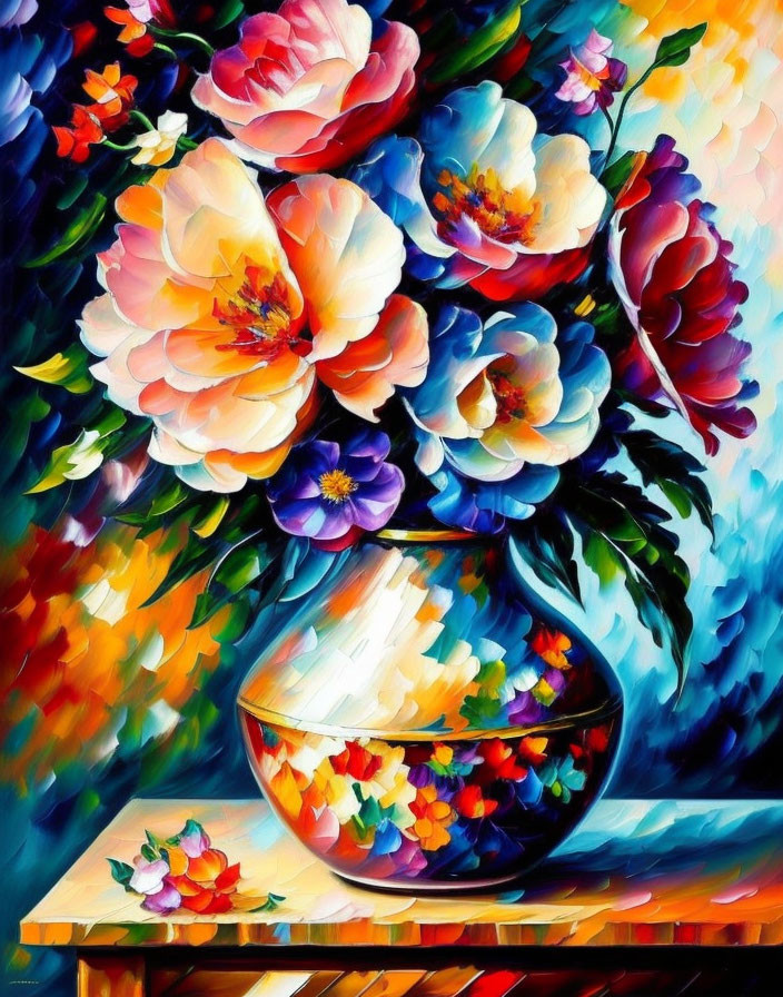 Colorful Flower Painting in Round Vase with Bold Strokes