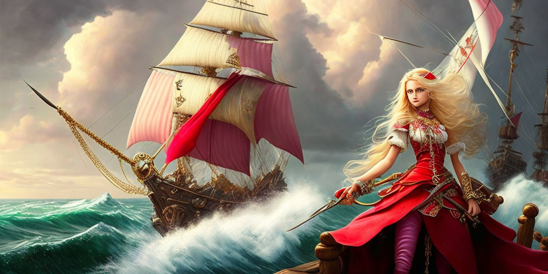 Blonde Female Fantasy Pirate with Sword on Stormy Seas