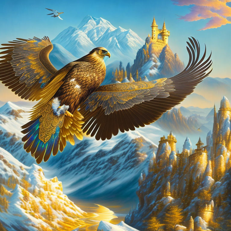 Giant eagle soaring over snowy mountains with illuminated castles