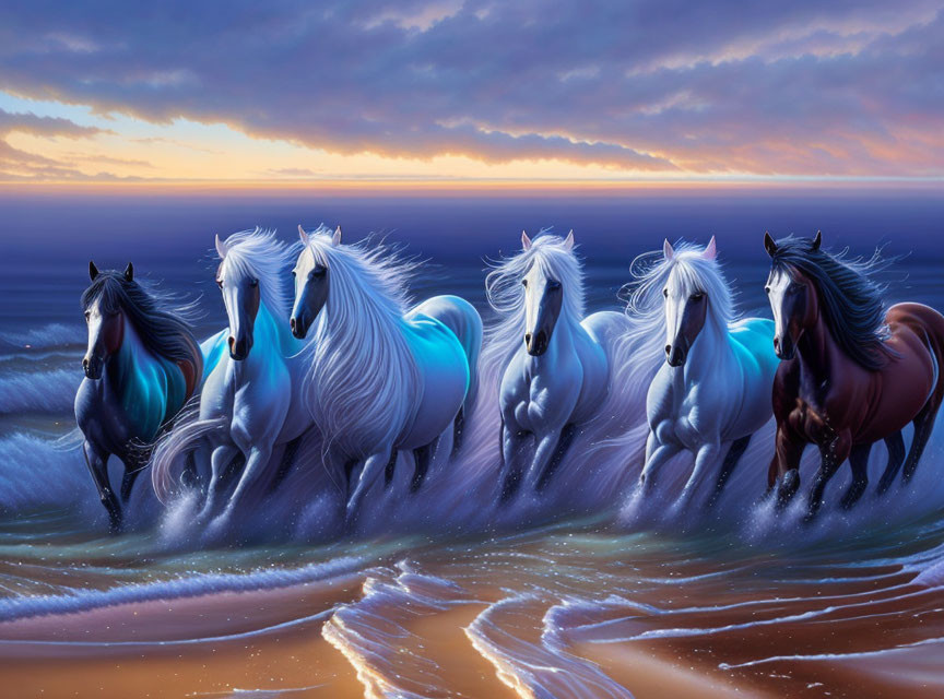 Six Majestic Horses Galloping on Beach at Sunset