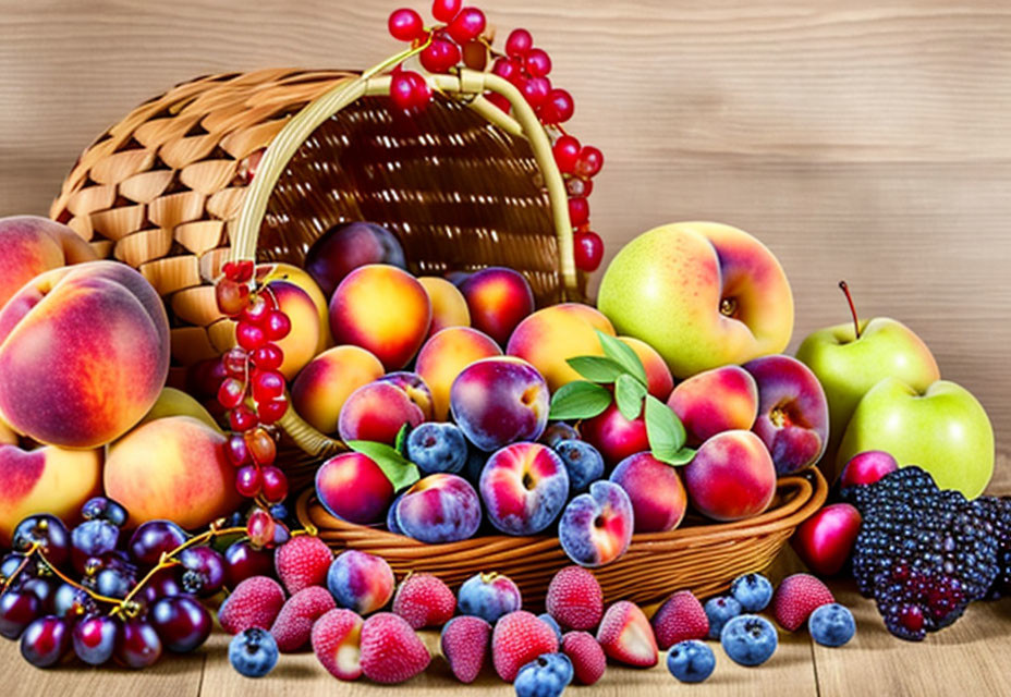 Fresh Fruits Spilling from Wicker Basket on Wooden Surface