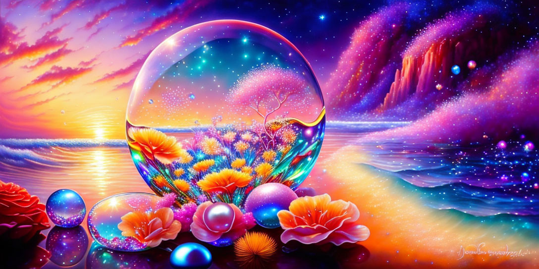 Fantasy crystal ball with tree, flowers, and spheres under starry sky and ocean sunset