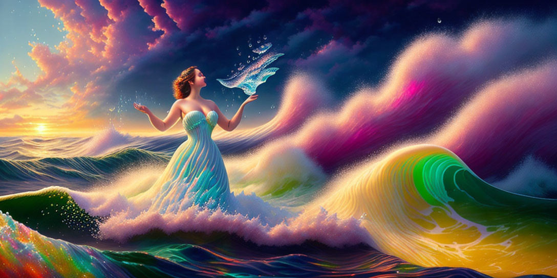 Whimsical lady in flowing dress amid vibrant waves and dreamy sky