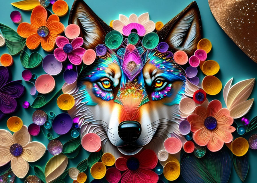 Colorful Wolf Face Surrounded by Paper Art Flowers on Turquoise Background