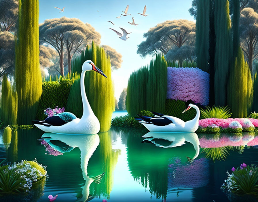 Tranquil lake scene with swans, greenery, flowers, and reflections