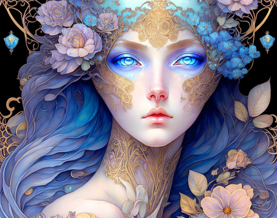 Fantasy figure with blue eyes, gold filigree, blue flowers, and flowing hair