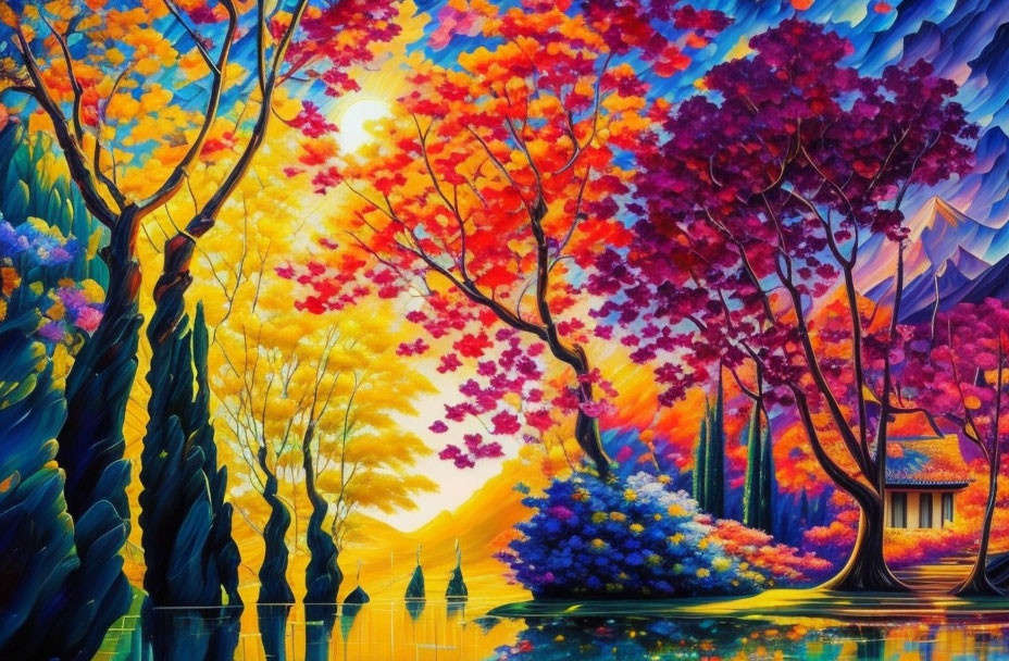 Colorful Fantasy Landscape Painting with Path, Trees, Sun, and House